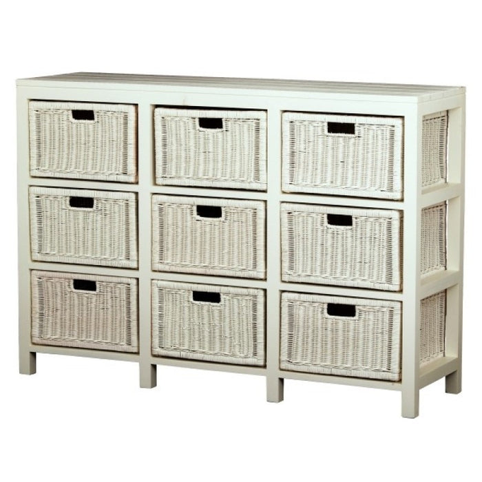Coastal Living 9 Drawer Rattan Cabinet Basket Storage Unit 136 cm Chest of Drawers TEK168 SB-009-RT ( White Colour )