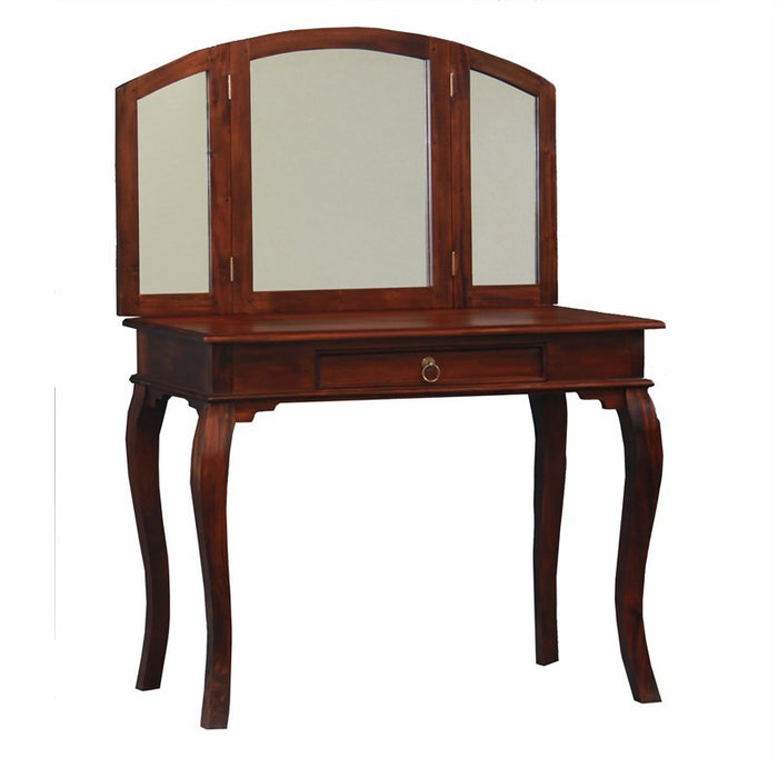 MP - Queen AnnMary  Table with Stool Vanity Mirror 3 Folding Mirror 1 Big drawer ( Writing Executive )TEK168 ST 001 MR QA ( Package ) ( Light Pecan Colour )