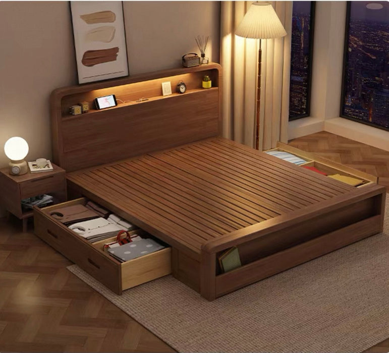 ASAPH HILTON CELINE American Solid Wood Walnut Multi Shelf Bed Frame Nordic Style Hydraulic Drawer Box Option