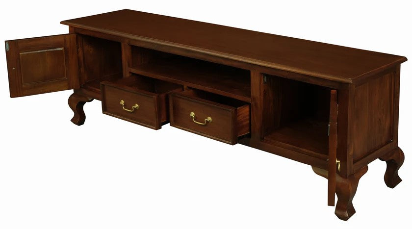 Queen Anna Solid Teak Wood Timber 2 Door 2 Drawer French TV Console Unit, 180cm Cabinet TEK168 EU 202 QA