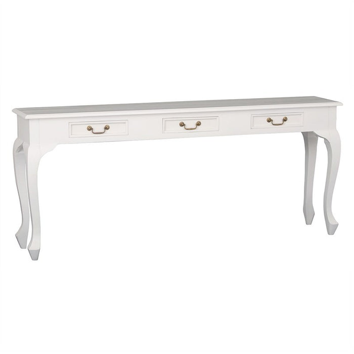 Queen Anna Solid Teak Wood Timber 3 Drawer 180cm French Console Sofa Table - Hallway TEK168 ST 003 QA WH (White Colour )