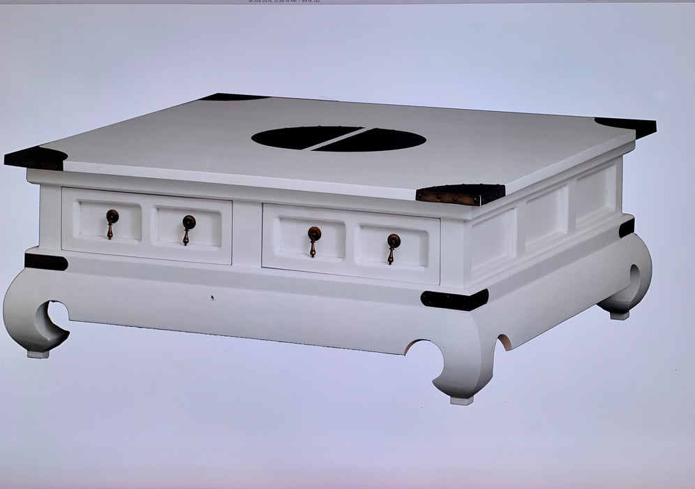 Chinese Oriental Coffee Table 80 cm x 100 cm 4 Drawers with Opium Legs TEK168 CT 004 SS CSN ( White Colour )