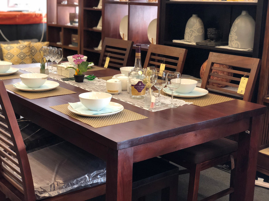 MP - Amsterdam Dining Table w 3 Chairs and 150 cm Bench Special Package Set 200x90x78 Full Solid TEK168 DT 200 90 TA (Special Dining Package Price)  ( Picture for Reference Only ) ( Mahogany Color )