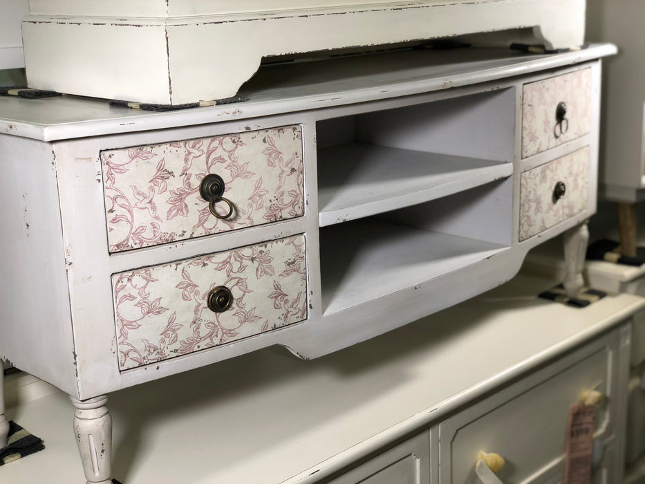 PJS TV Console 4 Drawers With Pattern Motif. TV Cabinet KD HAUSSMAN Grey White Colour Distress Style